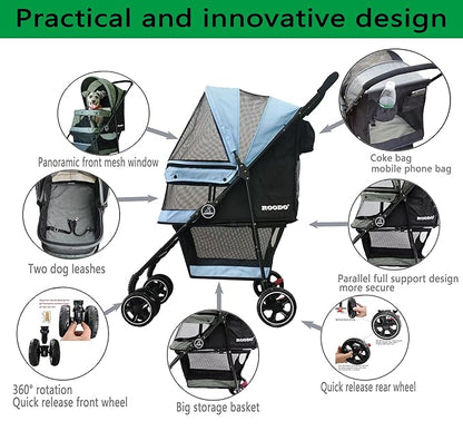 ROODO 4 Wheel Dog Cat Pet Stroller Best Lightweight Foldable Compact Portable Jogger All Terrain Travel Pet Gear Puppy Doggie Bunny Kitty Stroller for up to 30lbs Medium Small Dogs Cats(Sky Blue)