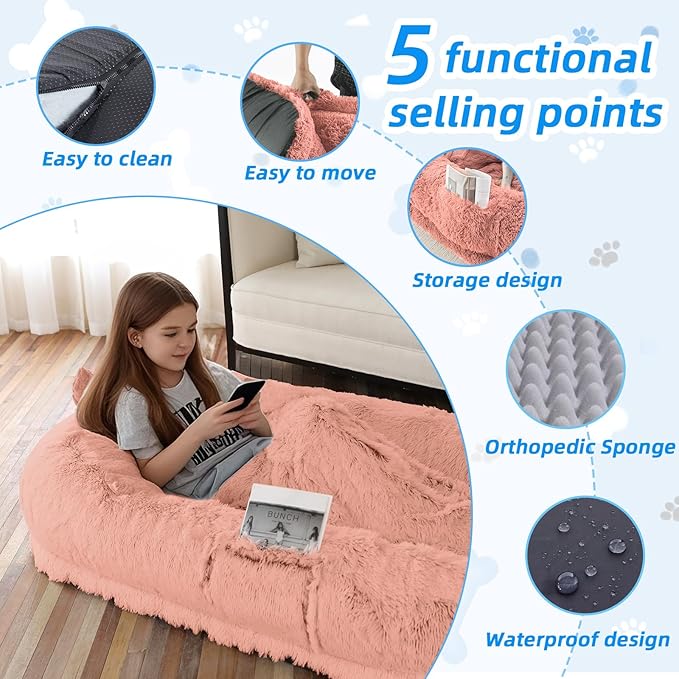 Human Dog Bed for Adults &amp; Pets, 63"x32"x10" Faux Fur Nap Bed with Pillow, Blanket &amp; Strap, Orthopedic Washable Lounger for Sleeping, Relaxing, Cuddling – Pink