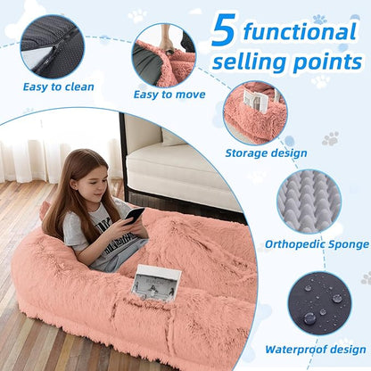 Human Dog Bed for Adults &amp; Pets, 63"x32"x10" Faux Fur Nap Bed with Pillow, Blanket &amp; Strap, Orthopedic Washable Lounger for Sleeping, Relaxing, Cuddling – Pink