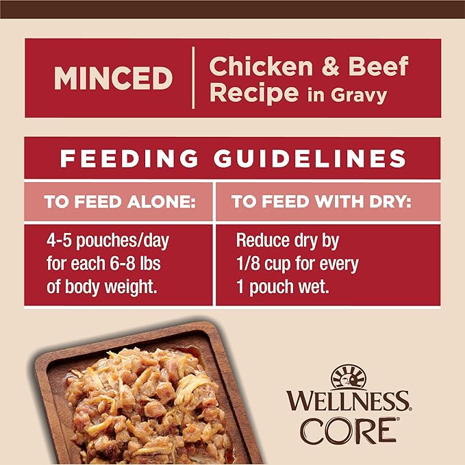 Wellness CORE Tiny Tasters Minced Adult Wet Cat Food, Natural, Protein-Rich, Grain Free, 1.75-Ounce Pouch, 12 Pack, (Chicken &amp; Beef)