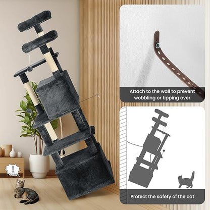69in Large Cat Tree Tower for Indoor Cats with Soft Plush Hang Ball, Two Condos, Sisal Scratch Posts &amp; Rope Play for Kittens/Adult Cats, Deep Grey