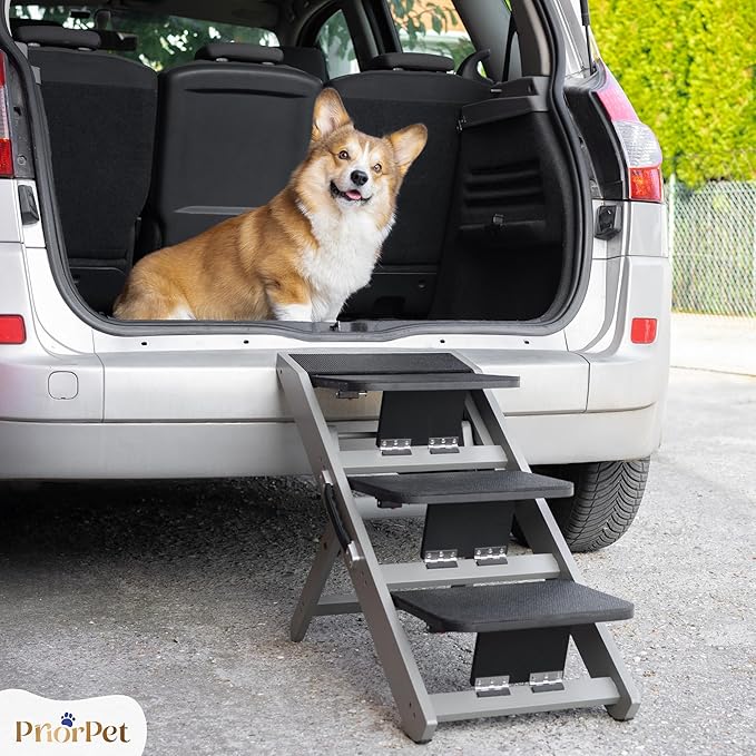 Dog Steps for Bed &amp; Couch 2-in-1 Dog Stairs/Ramp - Height Adjustable Dog Ramp for Couch 7” - 20” - Pet Stairs, Dog Stairs for Small Dogs - Easy to Move Pet Steps with Landing Platform, Gray