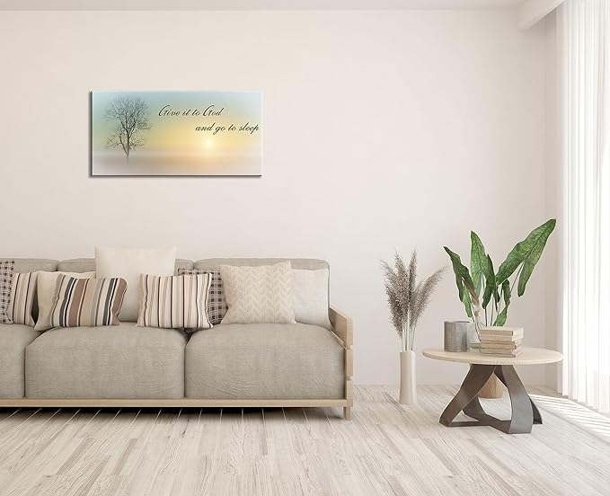 Lasdel Canvas Wall Art of Misty Sunset &amp; Tree Plant Picture For Bedroom Home Above Bed, White Country Wood Sign For Bathroom, Give It To God &amp; Go to Sleep Artwork Decor, Inner Frame 20x40 Inches
