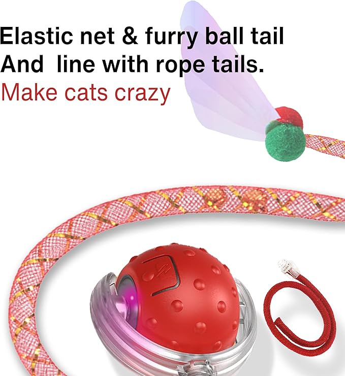 Interactive Cat Toy – Motion Activated Rolling Ball with LED Lights &amp; 3 Play Modes &amp; Two Different Tails - Best Toy for Indoor Cats &amp; Kittens to Stay Active and Stimulate Hunting Instinct (Red)