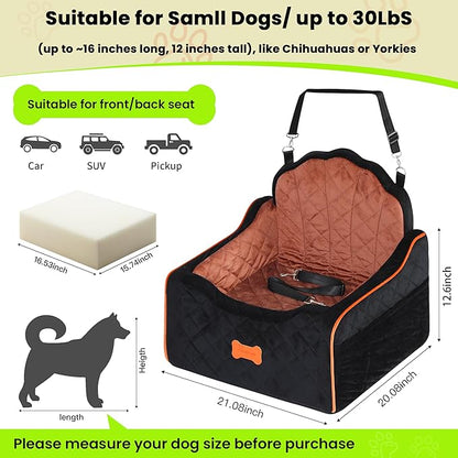 Dog Car Seat for Small Dogs Under 30lbs, Detachable Washable Pet Booster Seat with Safety Belt &amp; Storage Pockets, Travel Car Bed, Black/Brown