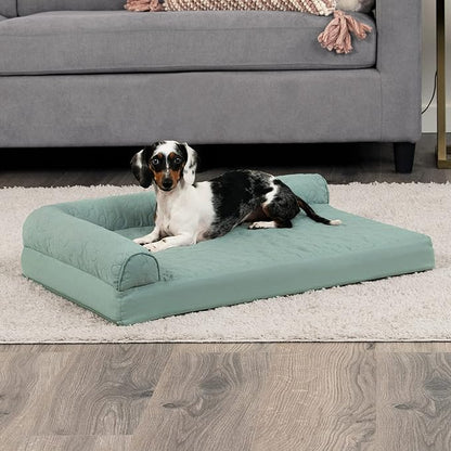 Furhaven Cooling Gel Dog Bed for Medium/Small Dogs w/ Removable Bolsters &amp; Washable Cover, For Dogs Up to 35 lbs - Pinsonic Quilted Paw L Shaped Chaise - Iceberg Green, Medium