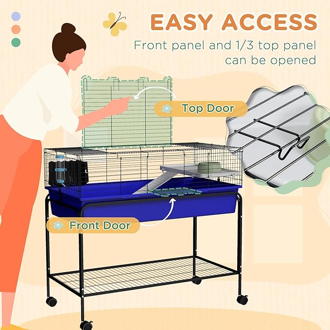 PawHut Two-Story Small Animal Cage Removable from Stand, Guinea Pig Cage with Shelf &amp; Wheels, Pet Habitat for Hedgehog, Chinchilla, Ferret, 39" x 20.5" x 36.5", Blue