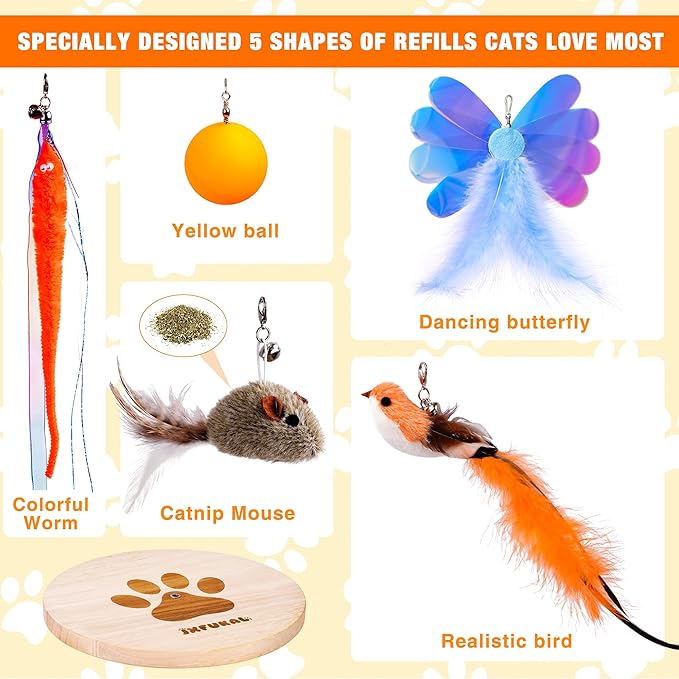 JXFUKAL Interactive cat Toy, Automatic Cat Wand Toy with Stable Wooden Base, 2 PCS Detachable Cat Teaser, 5PCS Refills Replacement &amp; Hanging Cat Toy, Kitty Kitten Toys Cat Feather Spring String Toy