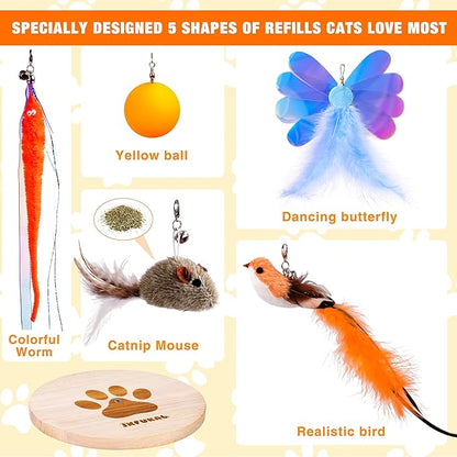 JXFUKAL Interactive cat Toy, Automatic Cat Wand Toy with Stable Wooden Base, 2 PCS Detachable Cat Teaser, 5PCS Refills Replacement &amp; Hanging Cat Toy, Kitty Kitten Toys Cat Feather Spring String Toy