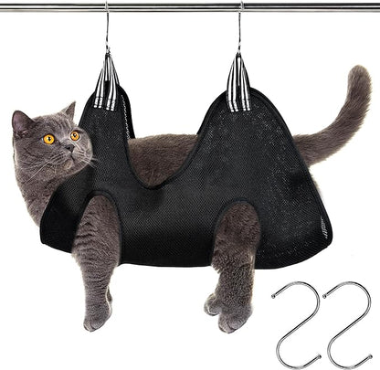 Pet Grooming Hammock for Cats &amp; Dogs, Breathable Mesh Dog Hanging Harness for Nail Trimming, Grooming, Bathing Includes S Hooks, Comfortable Dog Grooming Harness (Black)