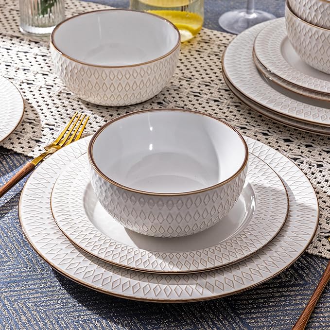 GBHOME Ceramic Dinnerware Sets,18 pcs Embossed Elegant Stoneware Plates and Bowls Sets, Housewarming Wedding Gift | Dishwasher &amp; Microwave Safe | Dishes Set Service for 6