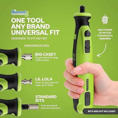 Diamondg Cordless Dog Nail Grinder with Quiet Sound &amp; LED Tip for Large &amp; Small Dogs, 4hrs. Runtime, 2 Bits Included, Green