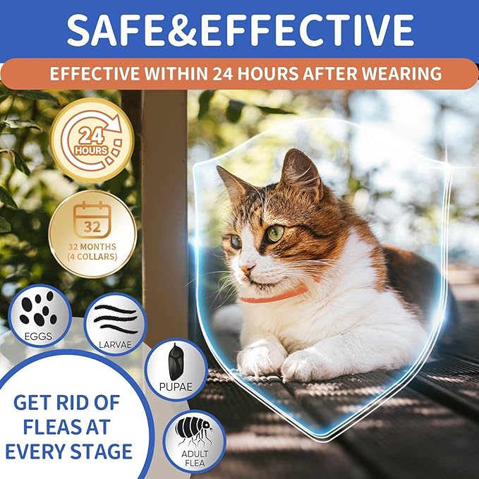 4 Pack Flea and Tick Collar for Cats, 32 Months Flea and Tick Treatment, Flea and Tick Prevention, Waterproof, Adjustable Flea and Tick Collar for Kittens, Blue &amp; Orange
