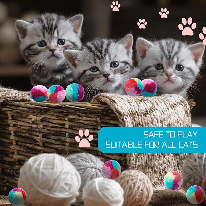 1.2 in Colorful Cat Pom Pom Ball Toys, 20 Pcs Rainbow Cat Toy Balls Soft Plush Cat Ball Interactive Training Ball for Indoor Cats &amp; Kittens