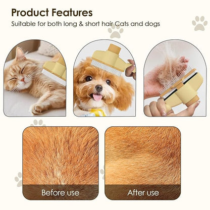 Flea Comb for Cat Hair Removal Comb, 2025 New Self-Cleaning Flea Brush for Cats and Dog, Comfort Cat Hair Removal Tool with Long &amp; Short Stainless Steel Metal Grooming Brush(Yellow)
