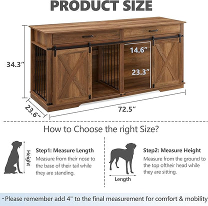 72.5" Extra Large Furniture Style Double Dog Crates for Large Breeds, XXL Wooden Dog Kennel Furniture with Drawers, Divider, Water Resistant &amp; Barn Door for 2 Dogs, Rustic Oak