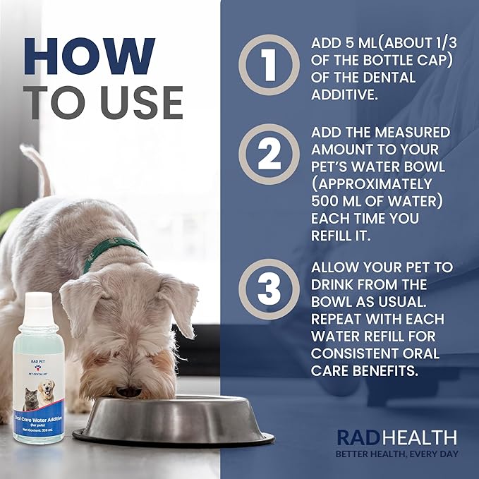 Rad Health Water Additive – Dog Dental Water Additive for Fresh Breath, Plaque &amp; Tartar Control, Easy Mouthwash for Dogs &amp; Cats, 330ml Formula Supports Daily Oral Hygiene, No Brushing Needed