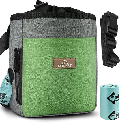 Upgraded large-sized Dog Treat Pouch with waist clip - Fashionable Green&amp;Grey Design - Large Capacity Dog Treat Bag for Dog Walks,Outdoor Activities, Travel and Training - Includes 1 Poop Bags