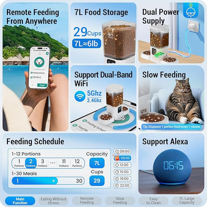 Automatic Cat Feeder with Slow Feed for 2 Cats: 5G WiFi Automatic Dog Feeder with 7L Large Food Storage, Cat Food Dispenser with Alexa for Multiple Pets, Detachable for Easy Cleaning -29 Cup