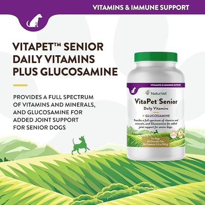 NaturVet –VitaPet Senior Daily Vitamins for Senior Dogs – Plus Glucosamine – Full Spectrum of Vitamins &amp; Minerals – Enhanced with Glucosamine for Added Joint Support – 60 Time Release Tablets