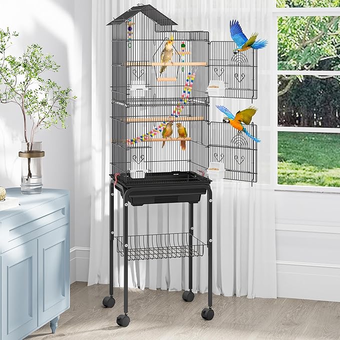 YITAHOME 62 Inch Large Bird Cage - Metal Flight Cage with Rolling Stand, Feeding Doors &amp; Hanging Accessories for Parrots Cockatiels Conures Lovebirds Parakeets Small Birds