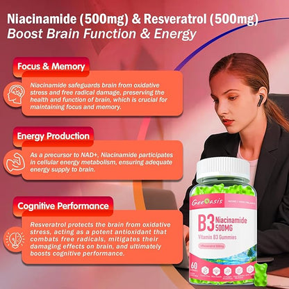 Niacinamide 500mg Gummies, Chewable Vitamin B3 Supplement with Resveratrol 500mg, High Potency Niacin for Antioxidant, Skin &amp; Brain Health, Immune Support, Vegan Apple Flavor, 60 Count