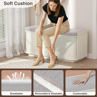 Cream White 39.4" W 2-Tier Shoe Bench with Storage | Entryway Bench with Padded Cushion, Sliding Doors &amp; 5 Hooks
