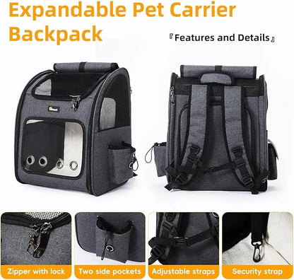 Hoopet Expandable Cat Backpack Carrier – Breathable Pet Carrier for Small Cats &amp; Dogs, Foldable Travel Backpack with Mesh Ventilation for Hiking, Walking, Camping, Dark Grey
