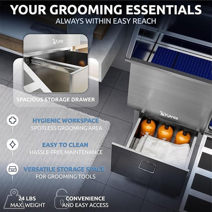 KANIS Professional Dog Washing Station - 304 Stainless Steel Pet Wash Sink &amp; Grooming Bath Tub for Home with Ramp, Shower, Floor Grate, Storage Drawer, Faucet, Drain Kit for Large, Medium &amp; Small Pets