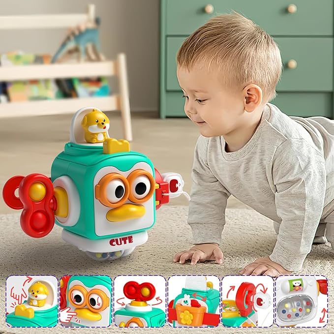 4 in 1 Baby Toy for 6 9 12 18 Month, Learning Toys for Babies 6-12 Months, Baby Busy Cube, Stacking Sorter, Pull String &amp; Piano Xylophone Travel Toy, Birthday Gift for 1 2 Year Old