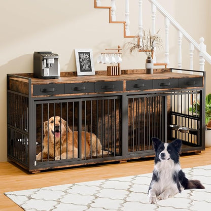 86.6Inch Large Double Dog Crate Furniture,Heavy Duty Metal Frame Dog Crate Kennel with Adjustable Feeder Bowls and Removable Divider&amp;Drawers,Chew-Resistant Dog Kennel for 2 Dogs Indoor