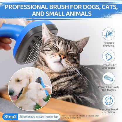 Dog Brush Kit – 3 PCS Grooming Set with Self-Cleaning Brush, Undercoat Rake &amp; Pet Bath Brush. Great for Shedding, Tangles &amp; Dirt Removal – Ideal for Long &amp; Short Haired Dogs &amp; Cats, Blue
