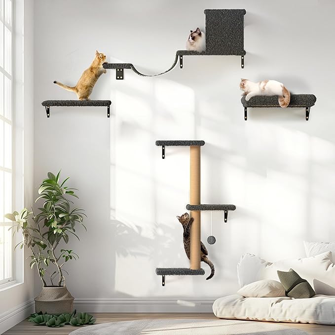 FUKUMARU Cat Wall Shelves, Stable &amp; Safe 4 in 1 Cat Furniture Set, Wooden Climbing Wall with Scratching Post for 16 Inch Drywall - Gray