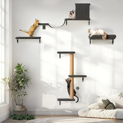 FUKUMARU Cat Wall Shelves, Stable &amp; Safe 4 in 1 Cat Furniture Set, Wooden Climbing Wall with Scratching Post for 16 Inch Drywall - Gray