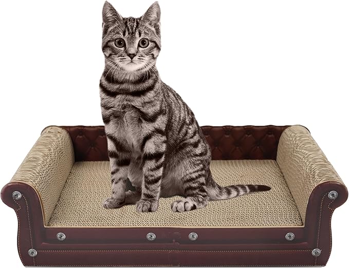 Scratching Sofa, Couch Shaped Thick Scratching Cardboard, Lounge Bed for Indoor Rest&amp;Play, Sofa Scratcher Pad (Brown, 22.4" L X 12.2" W X 6.3" H)