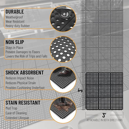 Ottomanson Heavy Duty Rubber Floor Mat – Non-Slip, Waterproof, Easy to Clean – Anti-Fatigue Mat for Commercial Kitchens, Restaurants, Workshops – Oil Resistant, Hose Washable – 36" x 36", Black