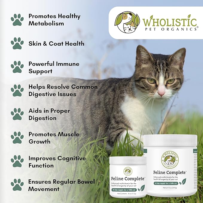 Wholistic Pet Organics Feline Complete - 4 Oz - Multivitamin &amp; Probiotic Powder for Cats - Natural Cat Food &amp; Digestive Support