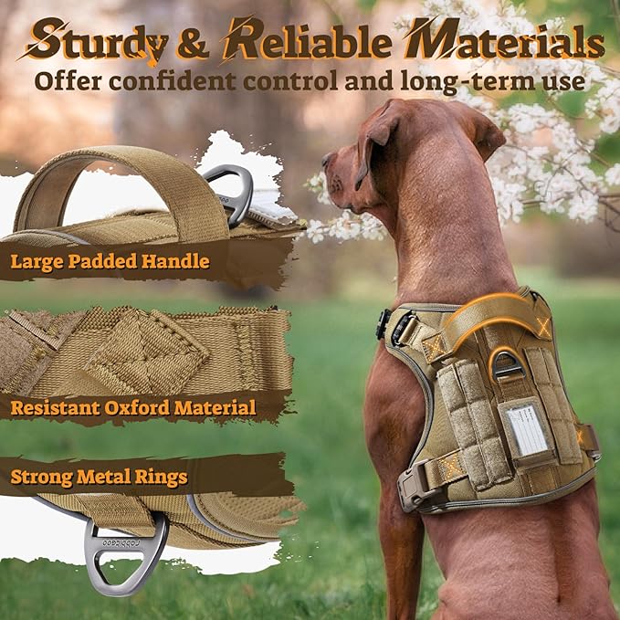 rabbitgoo Dog Harness Medium Sized No Pull, Tactical Service Pet Vest with Molle and Control Handle, Adjustable and Reflective Military Harness for Easy Walking and Training, Brown, M