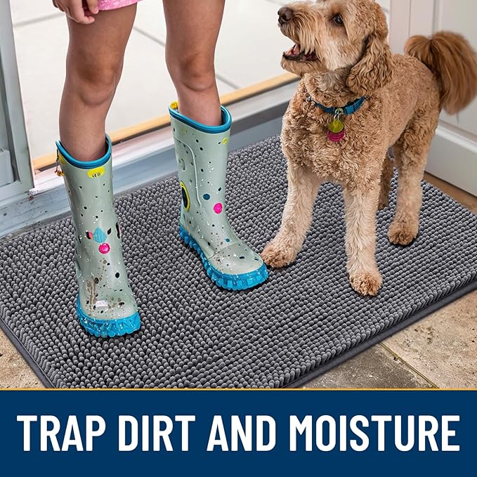 Smiry Dog Door Mat for Muddy Paws 48x30, Absorbs Moisture and Dirt Doormat, Non-Slip Washable Quick Dry Chenille Front Door Mat Indoor Entrance, Entryway Carpet for Inside Floor, Dark Grey