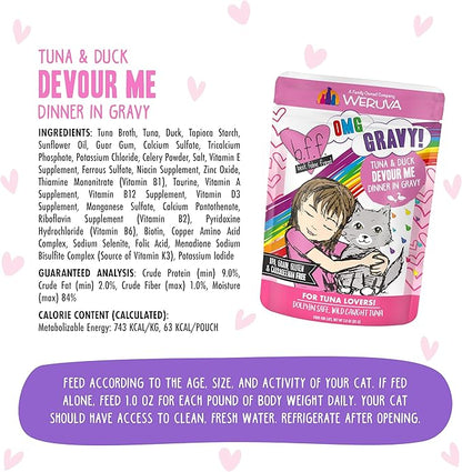 Weruva B.F.F. OMG - Best Feline Friend Oh My Gravy!, Tuna &amp; Duck Devour Me with Tuna &amp; Duck in Gravy Cat Food, 3oz Pouch (Pack of 12)