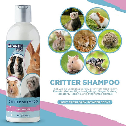 Critter Shampoo for Small Pets - 8oz Small Animal Baby Powder Scented Shampoo - Pet Shampoo for Small Critters Including Ferrets, Guinea Pigs, Rabbits, Hedgehogs, Hamsters &amp; Sugar Gliders