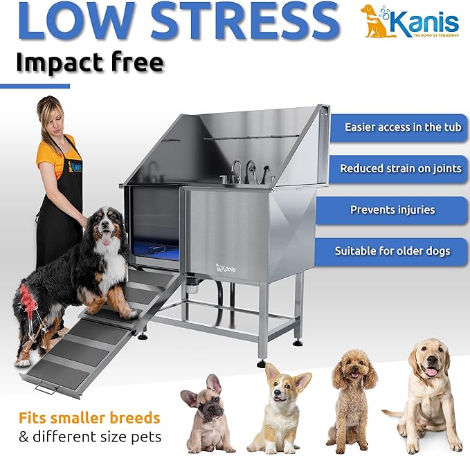 KANIS Professional Dog Washing Station - 304 Stainless Steel Pet Wash Sink &amp; Grooming Bath Tub for Home with Ramp, Shower, Floor Grate, Storage Shelf, Faucet, Drain Kit for Large, Medium &amp; Small Pets