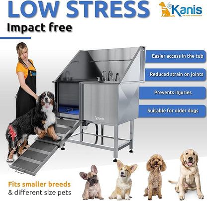 KANIS Professional Dog Washing Station - 304 Stainless Steel Pet Wash Sink &amp; Grooming Bath Tub for Home with Ramp, Shower, Floor Grate, Storage Shelf, Faucet, Drain Kit for Large, Medium &amp; Small Pets