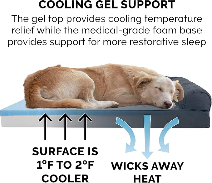 Furhaven Cooling Gel Dog Bed for Large/Medium Dogs w/ Removable Bolsters &amp; Washable Cover, For Dogs Up to 55 lbs - Quilted Sofa - Iron Gray, Large