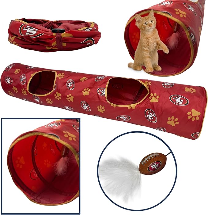 NFL San Francisco 49ers Cat Tunnel Tube Toy with Plush Football Catnip and Feathers Collapsible Tunnel for Cats to Play, Peek and Hide, Sporty &amp; Fun Cat Tunnel Toy with Team Logo All-Over Design!