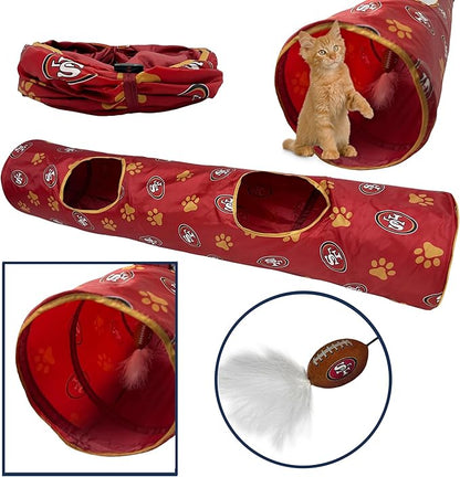 NFL San Francisco 49ers Cat Tunnel Tube Toy with Plush Football Catnip and Feathers Collapsible Tunnel for Cats to Play, Peek and Hide, Sporty &amp; Fun Cat Tunnel Toy with Team Logo All-Over Design!