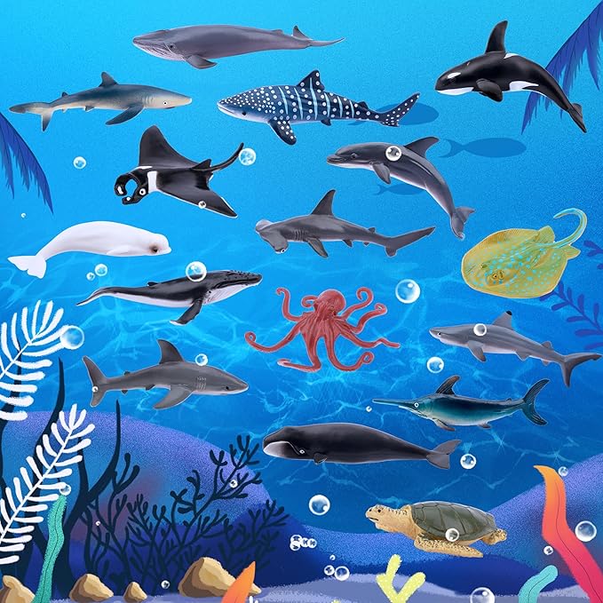 TOYMANY 24pcs Mini Ocean Animal Figurines: Realistic Cake Toppers with Sharks, Whales &amp; Octopus - Great for Kids&