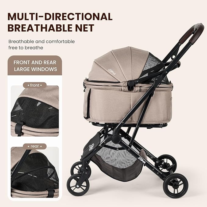 Pet Stroller, Small to Medium Dogs &amp; Cats, Foldable, One-Hand Fold, Detachable Carrier, Latte Color