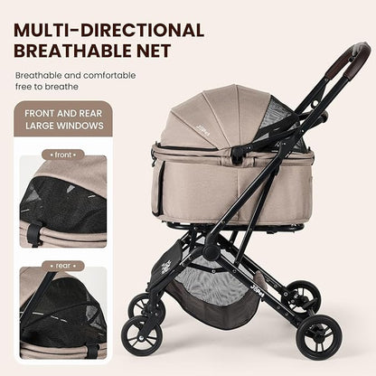 Pet Stroller, Small to Medium Dogs &amp; Cats, Foldable, One-Hand Fold, Detachable Carrier, Latte Color
