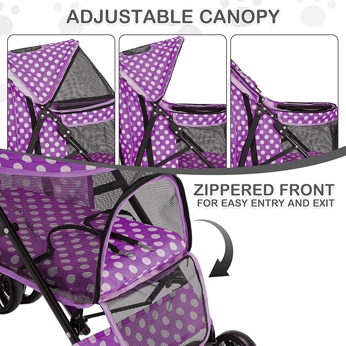 MoNiBloom 4 Wheels Pet Stroller, Easy-Fold Umbrella Shaped Dog Cat Jogger Stroller w/Storage Bag &amp; Visible Mesh for Small/Medium Dogs Cats Purple Polka Dots